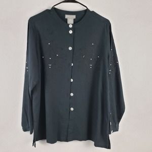 Capacity Women's L Long Sleeve Button Front Linen Tunic Black Embroidered Beaded